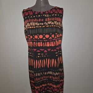 Connected Apparel Black and Orange Patterned Midi Dress